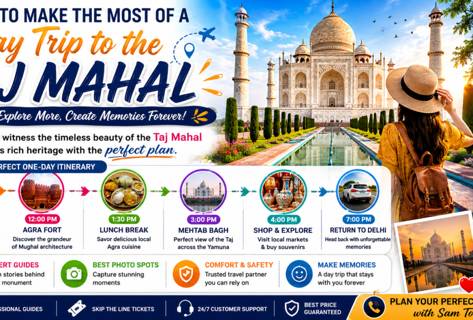 Day Trip to the Taj Mahal with tourists exploring the iconic white marble monument in Agra, India