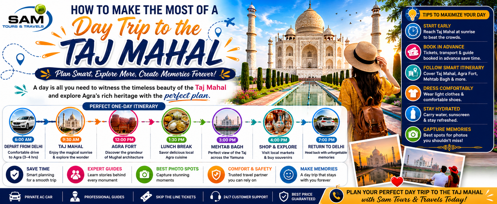 Day Trip to the Taj Mahal with tourists exploring the iconic white marble monument in Agra, India