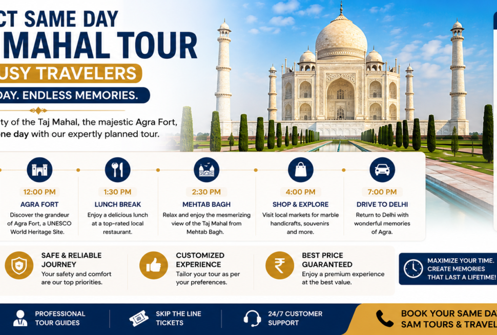 Same Day Taj Mahal Tour for Busy Travelers exploring the iconic Taj Mahal and Agra Fort in one day