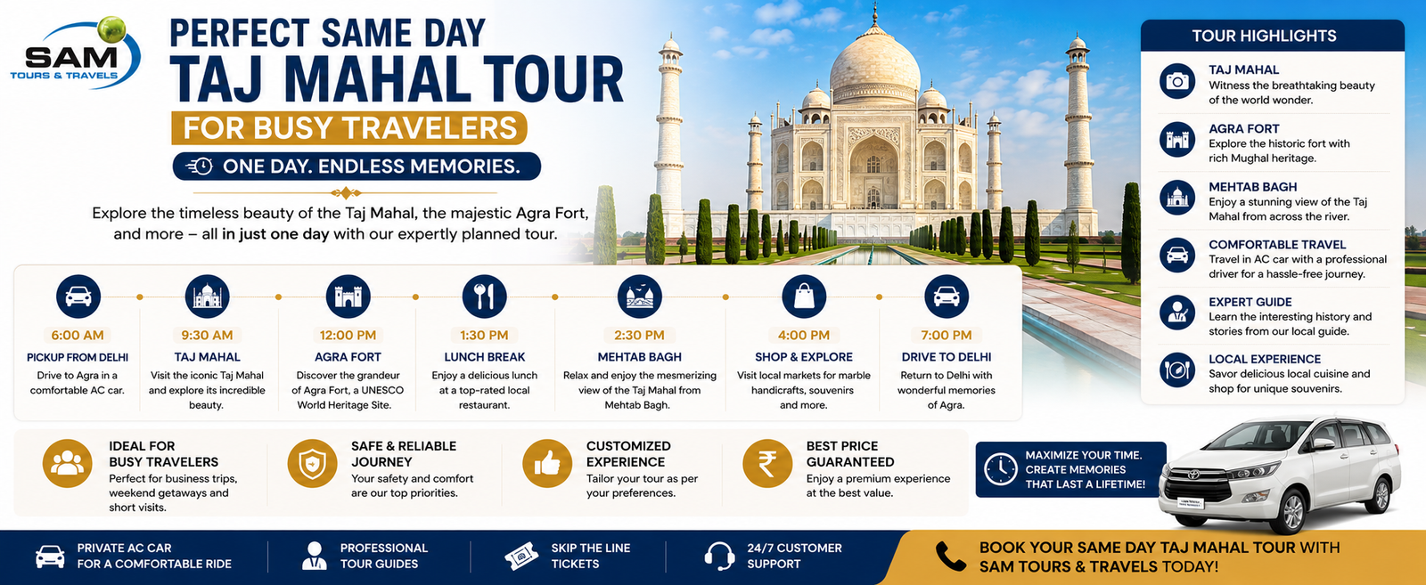 Same Day Taj Mahal Tour for Busy Travelers exploring the iconic Taj Mahal and Agra Fort in one day