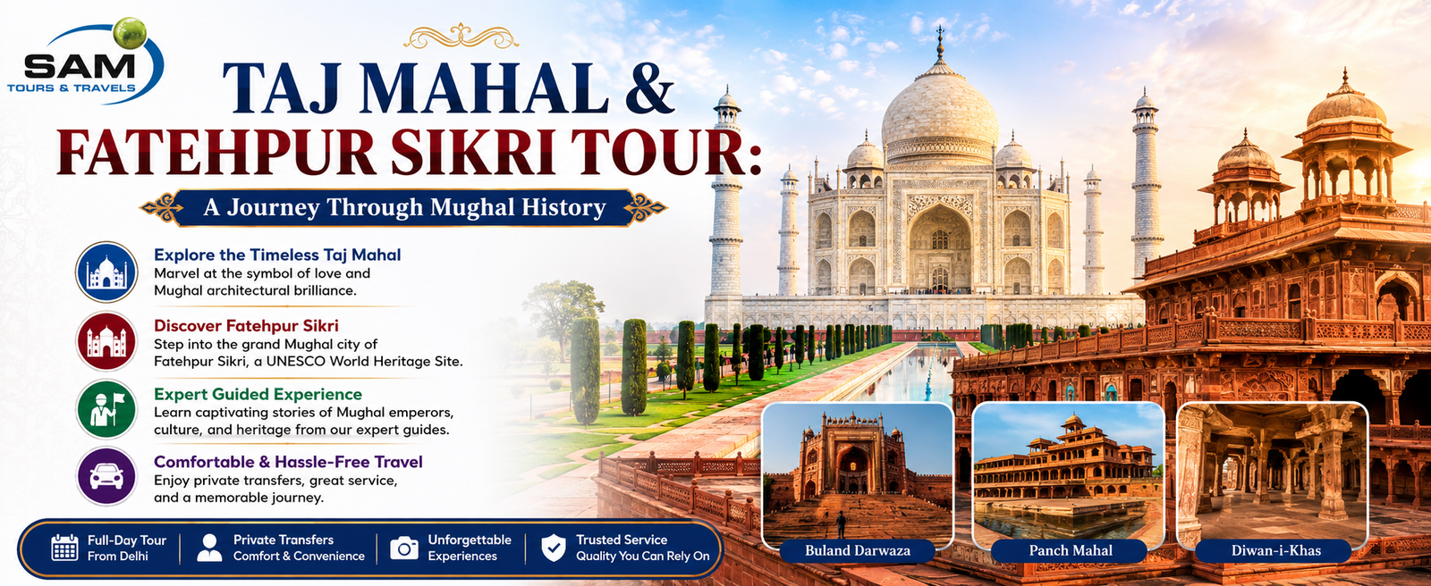 Taj Mahal and Fatehpur Sikri Tour showcasing Mughal architecture and India's rich historical heritage